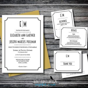 Printable Art Deco Wedding Invitation Set - Simple, Fun, 1920&#39;s Black and White  - Wedding, anniversary - Custom Color
