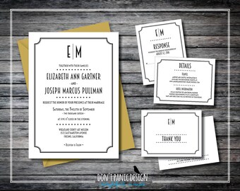 Conjunto de invitación de boda Art Déco imprimible - Simple, divertido, blanco y negro de los años 20 - Boda, aniversario - Color personalizado