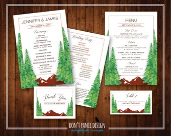 Printable Mountain & Tree Line Reception Stationery in Green and Rust Red - Program, Menu, Place Cards, Table Numbers, Thank You Card
