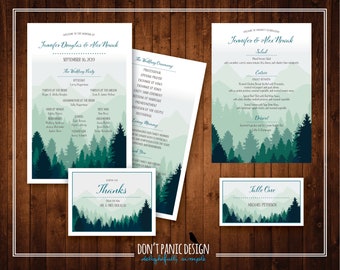 Printable Mountain & Tree Line Silhouette Reception Stationery in Greens - Program, Menu, Place Cards, Table Numbers, Thank You
