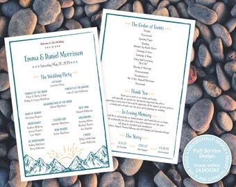 Printable, Minimalist, Rustic Mountain Wedding Program in Turquoise Greens & Yellow Gold Program Card, Small wedding or Short Ceremony