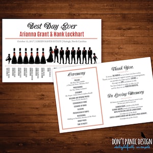 Könnte beinhalten: Eine Hochzeitseinladungssuite mit einem Schwarz-Weiß-Design. Auf der Hauptkarte steht "Best Day Ever" mit den Namen Arianna Grant & Hank Lockhart und dem Hochzeitsdatum. Eine kleinere Karte beschreibt die Zeremonie und eine Dankesnotiz.