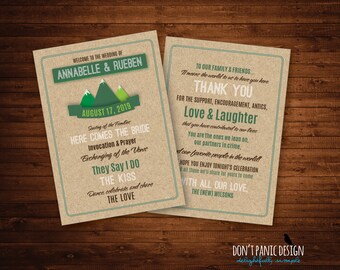 Printable Wedding Order of Ceremony Card with Kraft Background and Green, Paper Cut Mountain Design for Short Ceremony, 5" x 7" card