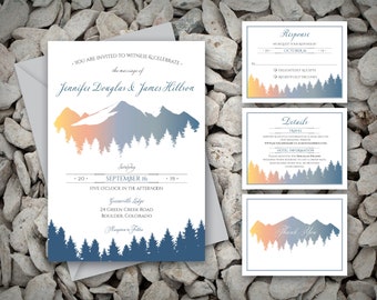 Printable Mountain Wedding Invitation with a Sunrise Tree Silhouette and Mountain Design for a nature inspired wedding the mountains