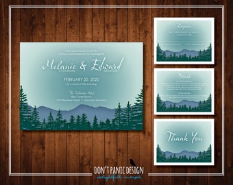 Printable Wedding Invitation, Fun, Mountain and Tree Line Silhouette in Greens and Blues, or Custom Colors, Nature or Outdoor wedding
