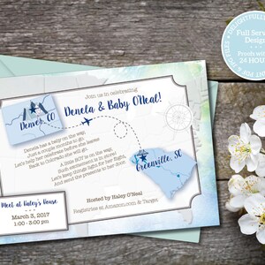 Printable Baby Shower Invitation for Long Distance Shower or Shower by Mail with Map and Air Plane Theme and Compass Rose Detail in Blue