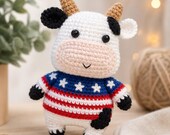 Patriotic Crochet Cow Charm, Handmade Amigurumi Cow Keychain, 4th of July Gift, Cute American Flag Bag Charm