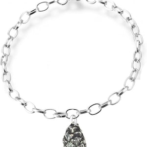 May include: A silver bracelet featuring an oval link chain and a lobster clasp. A textured, teardrop-shaped charm hangs from the centre of the chain. The charm has a dark, metallic finish, resembling a pinecone.
