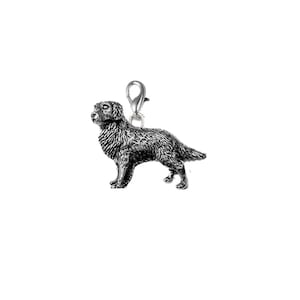 May include: A silver dog charm in a standing position, with a detailed texture. The charm is attached to a clasp. The dog's fur is textured, and the charm is set against a white background. A decorative item.