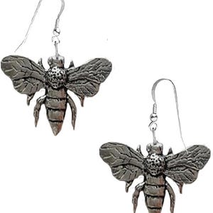 May include: A pair of silver bee earrings. Each earring showcases a detailed bee design with textured wings and body segments. The earrings have a hook closure for easy wear, ideal for adding a touch of nature-inspired style.
