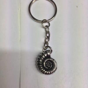 May include: A silver-toned metal keychain featuring a spiral ammonite fossil charm. The charm is attached to a short metal chain and a circular split ring. The design displays detailed ridges and grooves characteristic of a coiled shell structure.