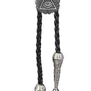May include: A bolo tie with a silver pendant featuring an eye within a triangle design. The pendant is attached to a black braided cord with decorative silver tips.