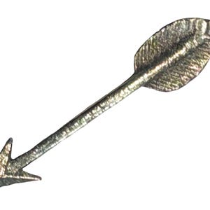 May include: A silver-colored arrow with a textured surface. The arrow has a pointed arrowhead and a fletched tail. The arrow is isolated on a white background.