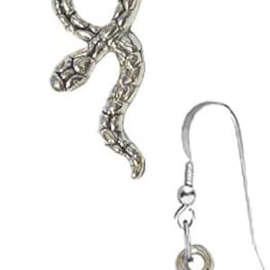 May include: A pair of silver-toned drop earrings featuring a textured snake charm. Each earring consists of a coiled serpent pendant suspended from a simple silver-toned ear wire hook. The metal surface displays detailed scale patterns.