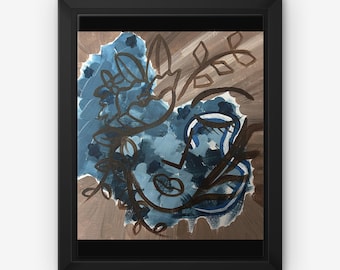 Framed Large Blue Abstract Canvas - The Architects Muse - Natural Oak Floating Frame - Geometric Wall Art for Modern Home or Office