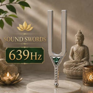 Può includere: Un diapason in metallo argentato con un inserto triangolare in pietra preziosa verde alla base dei rebbi e un manico testurizzato. Il testo "SOUND SWORDS" e "639Hz" è visualizzato in lettere dorate su uno sfondo rettangolare verde scuro.