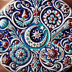 Może przedstawiać: Okrągły, dekoracyjny ceramiczny talerz z bogatym wzorem kwiatowym i geometrycznym. Wzór przedstawia półksiężyc i gwiazdę pośrodku, z niebieskimi, białymi, czerwonymi i turkusowymi akcentami. Talerz jest umieszczony na brązowym tle.