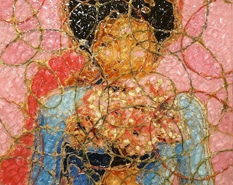 Original Acrylic Painting. Woman with Bunch of Flowers. Hand Made. One of a kind.