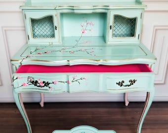 SOLD. Do Not Buy. Sample of previous work. Vintage French Provincial Desk. Cherry Blossom Pink Flowers. Gold, Turquoise, Curvy Vanity.