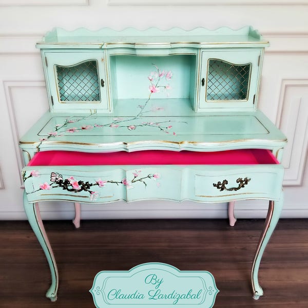 SOLD. Do Not Buy. Sample of previous work. Vintage French Provincial Desk. Cherry Blossom Pink Flowers. Gold, Turquoise, Curvy Vanity.