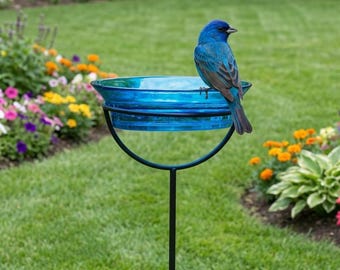 Glass Bird Bath Feeder Stake | Cardinal Songbird Garden Decor | Metal Frame Gift