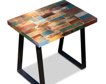 Reclaimed Wood Side Table with Patchwork Top and Metal Legs, Handmade Accent End Table