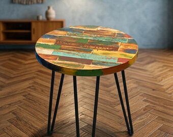 Hand-Carved Reclaimed Wood End Table, Rustic Multicolor Accent Furniture