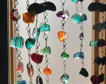 Recycled Glass Rock Rain Chain – 4ft Hanging Garden Water Feature Decor
