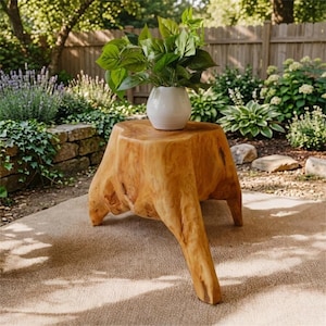May include: A natural wood stump table with three legs. A white ceramic vase with green leafy plants sits on top. The table is outdoors on a patio with a garden in the background.