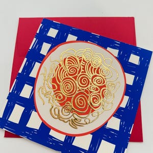 Carte Spaghetti feuille d'or avec enveloppe | Art culinaire | Carte d'anniversaire drôle | Fait main | Vichy bleu | Amateur de pâtes | Griffonnage Stanley