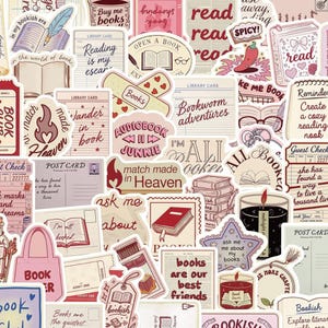 May include: A collection of assorted book-themed stickers featuring various illustrations including library cards, postcards, candles, books, and text such as "Bookworm adventures," "Audiobook junkie," and "Books are our best friends" in shades of pink, red, and cream.