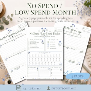 Puede incluir: Un kit imprimible de tres páginas titulado No Spend / Low Spend Month que incluye un registro de gastos, un rastreador de 31 días y una página de reflexión. Los documentos presentan ilustraciones florales, casillas y líneas para notas.