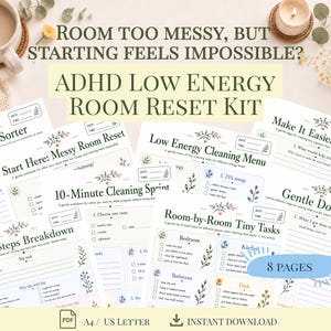 Kit per il ripristino della stanza in caso di ADHD e basso livello di energia, pianificatore delle pulizie, foglio di lavoro per la disfunzione esecutiva (PDF)