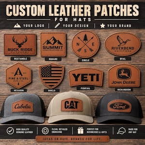 May include: A collection of custom leather patches for hats in various shapes including rectangle, square, circle, oval, hexagon, shield, fishtail, and Richardson styles. The patches feature engraved logos and text, displayed alongside three baseball caps.