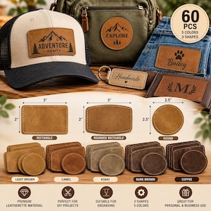 May include: A collection of 60 faux leather patches in 5 colors and 3 shapes, including rectangular, rounded rectangular, and round designs. The patches feature laser-engraved text and graphics, with visible 3-inch and 2.5-inch dimensions.