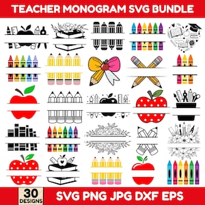 Peut inclure: Ensemble de 30 motifs SVG sur le thème des enseignants, avec des pommes, des crayons, des livres et des crayons de couleur. Le texte "Teacher Monogram SVG Bundle" est en haut et "30 Designs" en bas. Formats de fichiers : SVG, PNG, JPG, DXF, EPS.