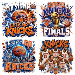 Può includere: Una collezione di quattro design grafici a tema basket New York Knicks. Gli elementi includono palloni da basket, lo skyline di New York City, la Statua della Libertà, un trofeo di campionato e cinque giocatori in divisa ufficiale.