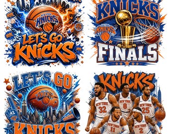 Puede incluir: Una colección de cuatro diseños gráficos con temas de baloncesto de los New York Knicks. Los elementos incluyen balones de baloncesto, el horizonte de la ciudad de Nueva York, la Estatua de la Libertad, un trofeo y cinco jugadores.