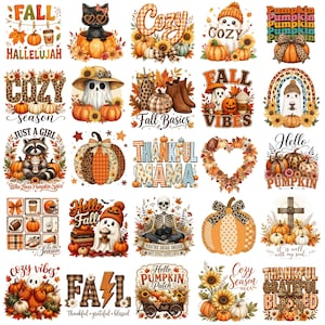 May include: A collection of twenty-five autumn-themed graphic designs featuring pumpkins, ghosts, sunflowers, fall foliage, and seasonal text. The illustrations include motifs like leopard print, plaid patterns, skeletons, and woodland animals in warm colours.
