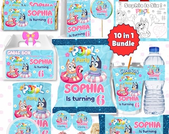 Blue Dog Theme Party Bundle Birthday Pool Party Favors Kit Party Decor Printable Party Decoration Set Editable Blue Dog Pool Party Supplies