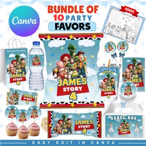 May include: A digital party favor bundle featuring Toy Story characters, including a water bottle label, chip bag, juice pouch, cupcake toppers, and gable box. Each item displays the text James Story 4 with blue, red, and yellow accents.