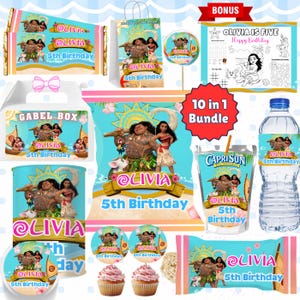 May include: A Moana-themed party supply bundle featuring custom labels for candy bars, gift bags, water bottles, juice pouches, and snack bags, all personalized with the name Olivia and the text 5th Birthday, plus cupcake toppers and activity sheets.