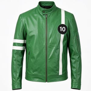 May include: A green jacket with a stand-up collar and a full-length front zipper. The jacket features a vertical white stripe on the left side, a black circular patch with the white number 10, and two horizontal white stripes on the right sleeve.