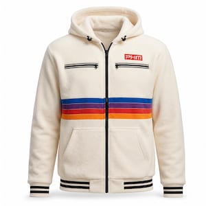 Puede incluir: Sudadera con capucha con cremallera de color crema con capucha y bolsillo delantero. La sudadera con capucha presenta un diseño de rayas horizontales en azul, morado, rojo, naranja y amarillo. El texto "PHM" se muestra en un rectángulo rojo en el pecho. Rayas negras acentúan los puños y el dobladillo.