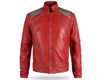 Michael Jackson Beat It Red Leather Jacket | MJ Fan Tribute Biker Coat | Rockstar Style