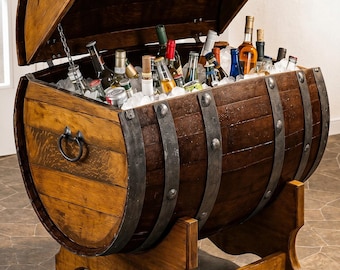 Nevera rústica de madera con forma de barril de vino, hielera para whisky, decoración de bar estilo granja.