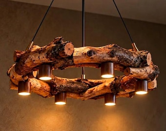 Lámpara de techo rústica con forma de rama de árbol, 6 luces, de madera, estilo casa de campo.