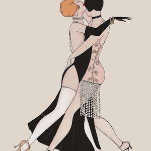 Puede incluir: Ilustración de dos figuras en un abrazo apasionado, vestidas con atuendos vintage. Una figura lleva un vestido negro con flecos de cuentas, la otra un corte bob negro y guantes. La obra de arte tiene un estilo vintage, art déco.