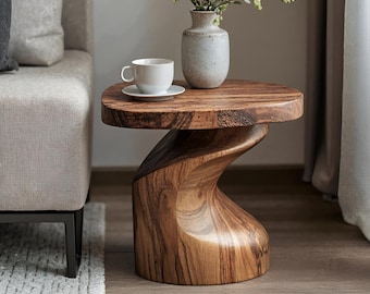 Sculptural Rustic Modern Solid Wood Organic Living Room End Table