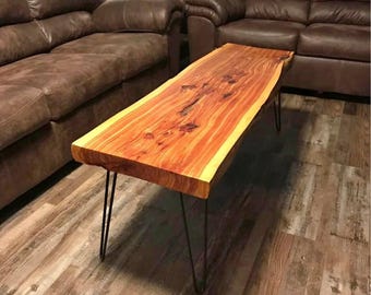 Live Edge Natural Rustic Wood Farmhouse Coffee Table with Hairpin Legs